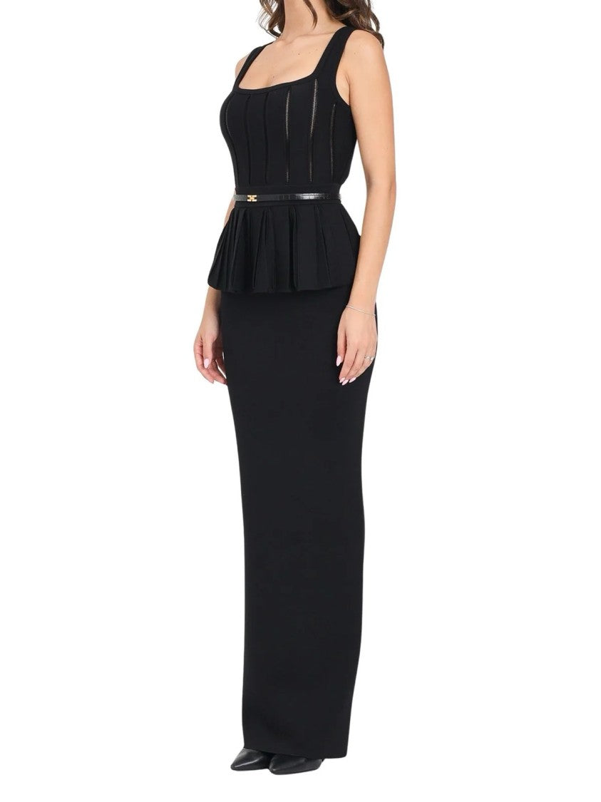 Red Carpet E. Franchi Long Fitted Black Dress With Sheer Paneling And Peplum Waist