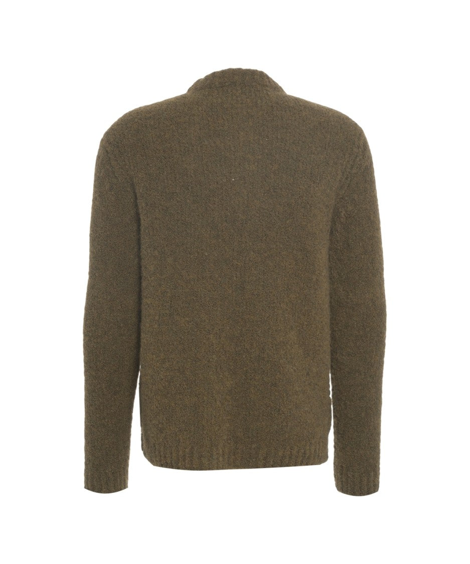 Amaranto Green Knit Sweater With Stand-Up Collar And Button Closure
