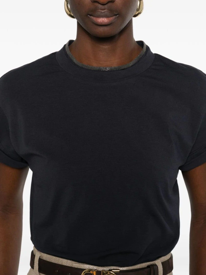 Brunello Cucinelli Blue Rows Shiny Monili Cotton T-Shirt