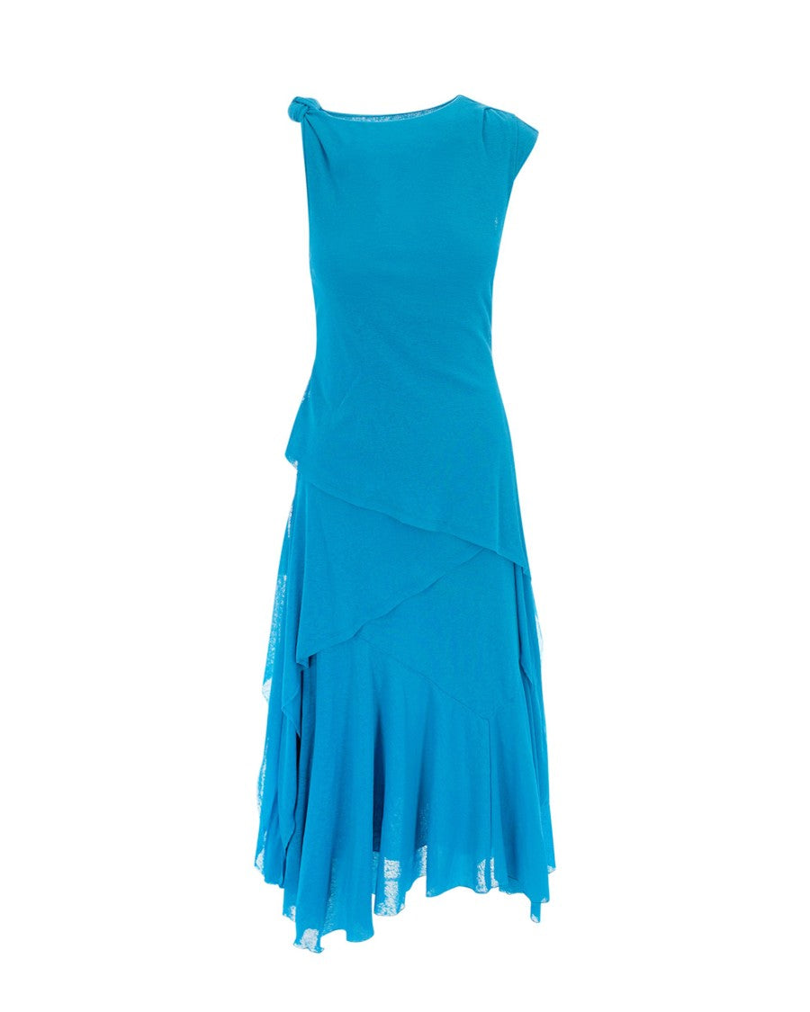 Ganni Draped Midi Dress In River Blue With Asymmetrical Hem