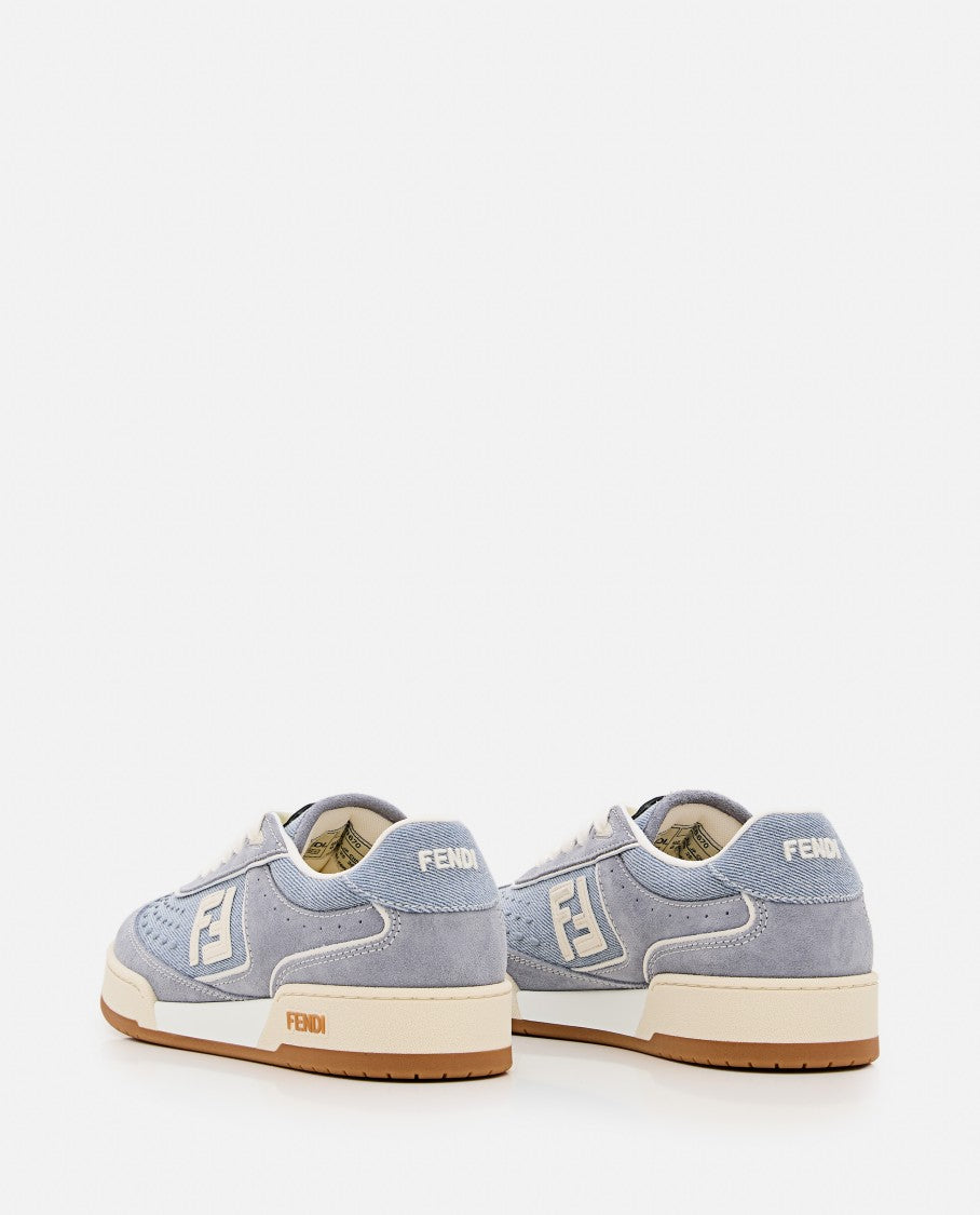 Fendi Denim And Leather Trainers With Embossed Logo