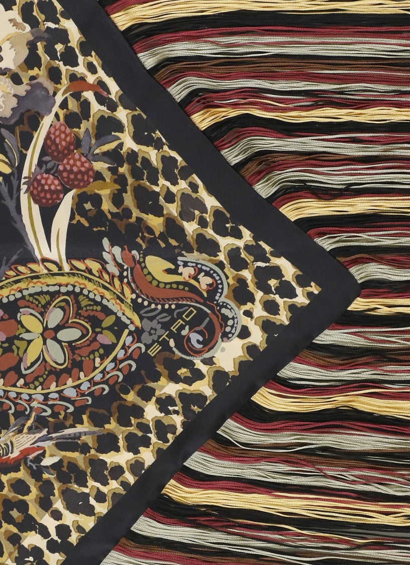 Etro Triangular Silk Scarf With Fantasy Motif And Fringed Edging