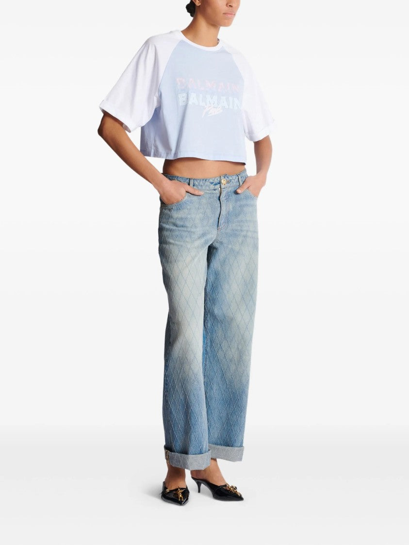 Balmain Light Blue Cropped Organic Cotton T-Shirt