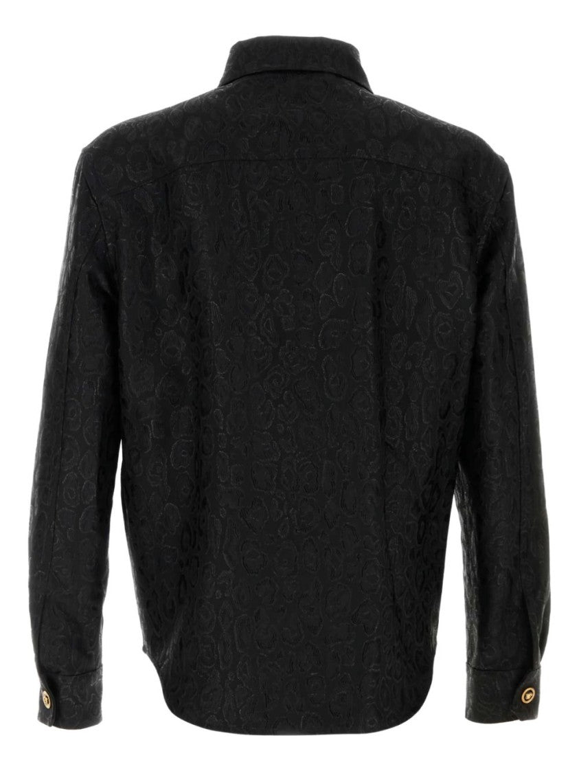 Versace Leopard Jacquard Overshirt In Black Wool Blend