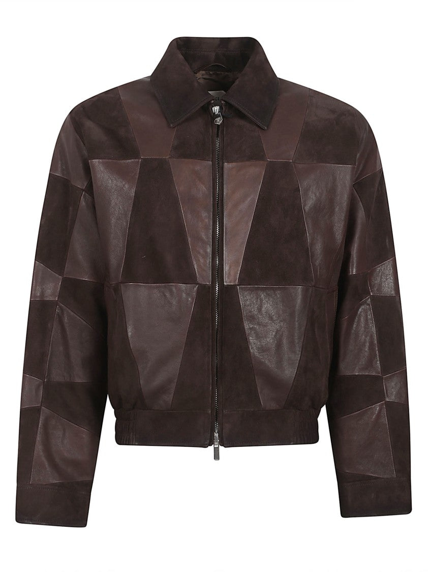 Versace Patchwork Leather Coat With Classic Collar And Zipper Closure