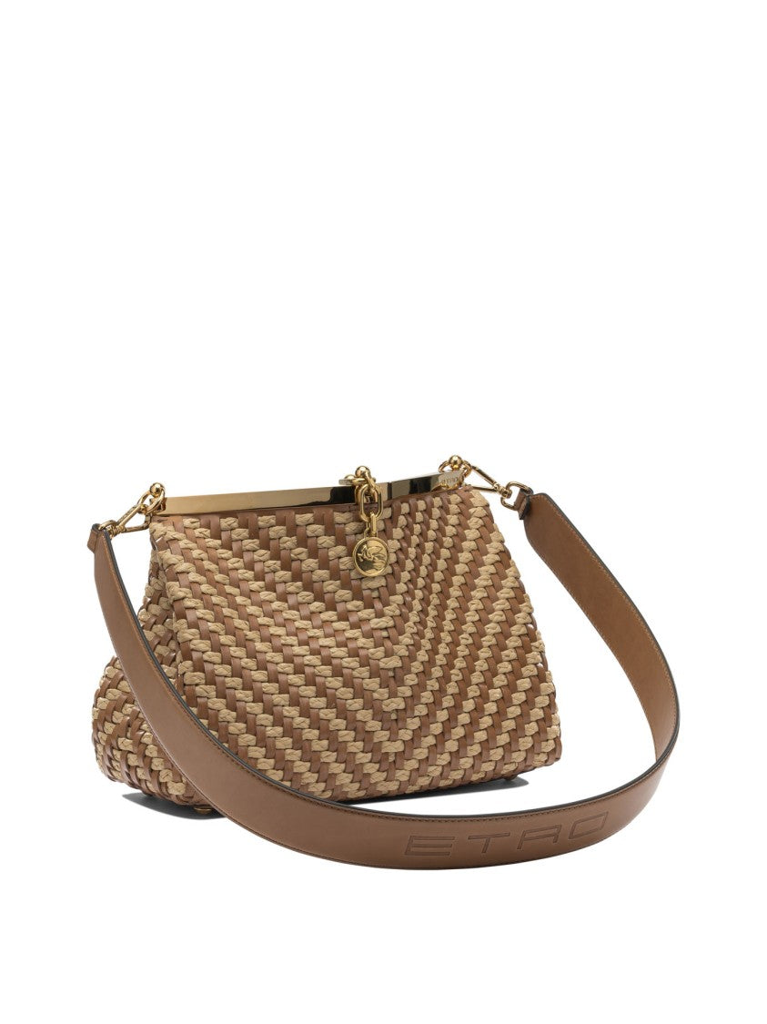 Etro Trapezoidal Woven Raffia And Leather Shoulder Bag