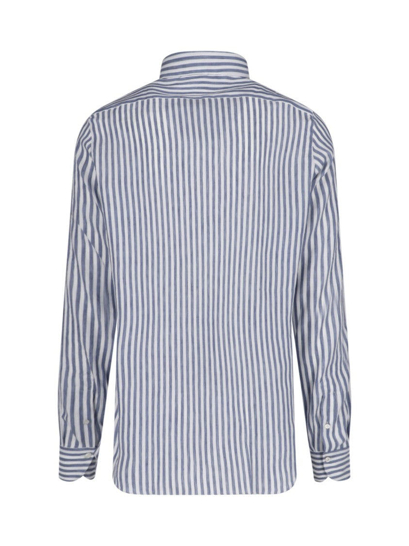 Finamore Blue Striped Classic Collar Linen Shirt