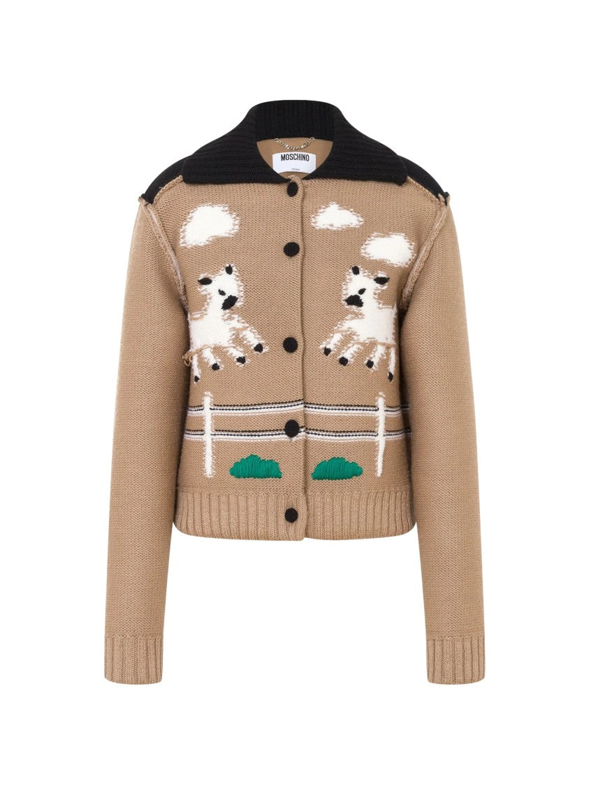 Moschino Beige Virgin Wool Cardigan With Playful Lamb Intarsia Design