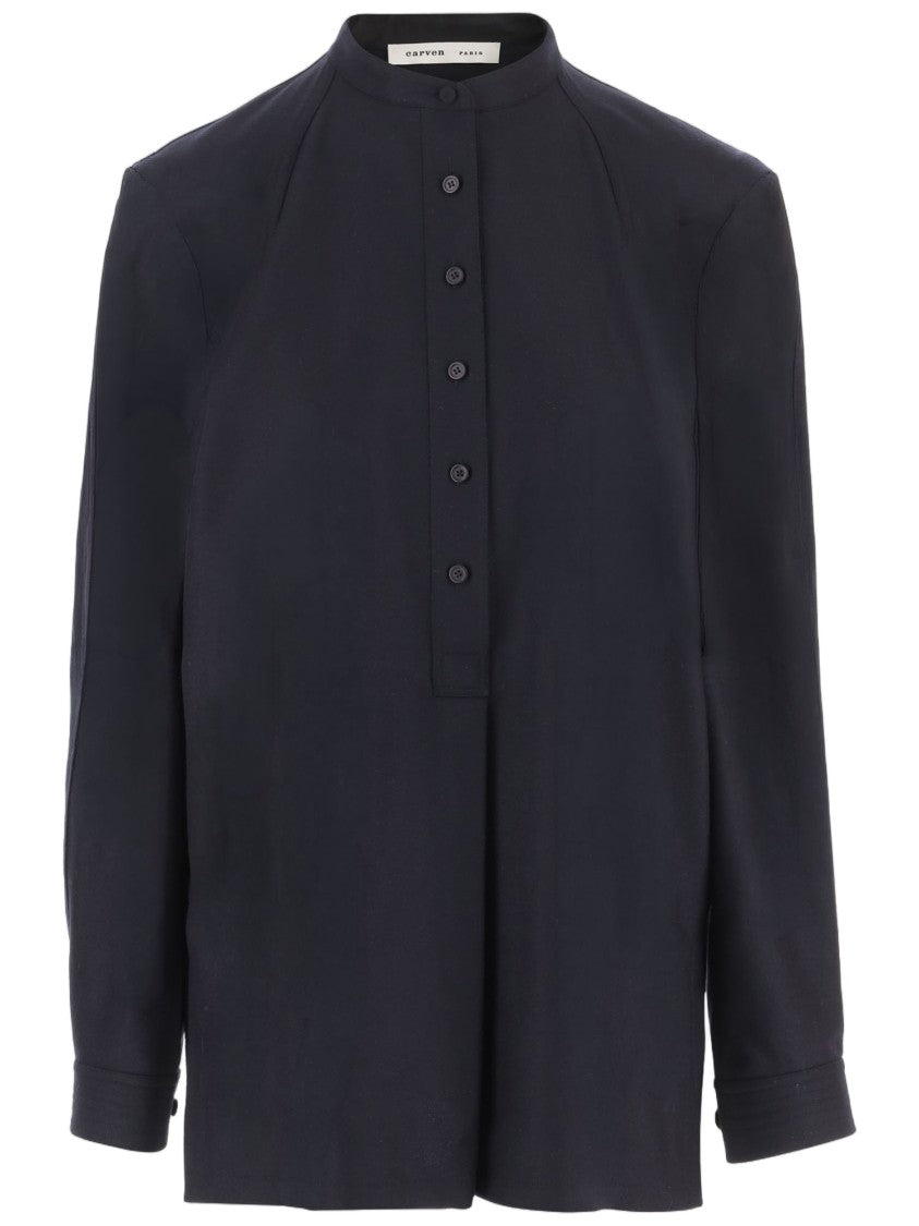 Carven Navy Blue Mandarin Collar Half-Button Wool Sweater