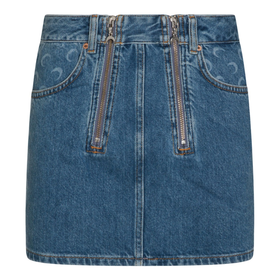 Marine Serre Denim Mini Skirt With Crescent Moon Patterns And Metallic Zippers