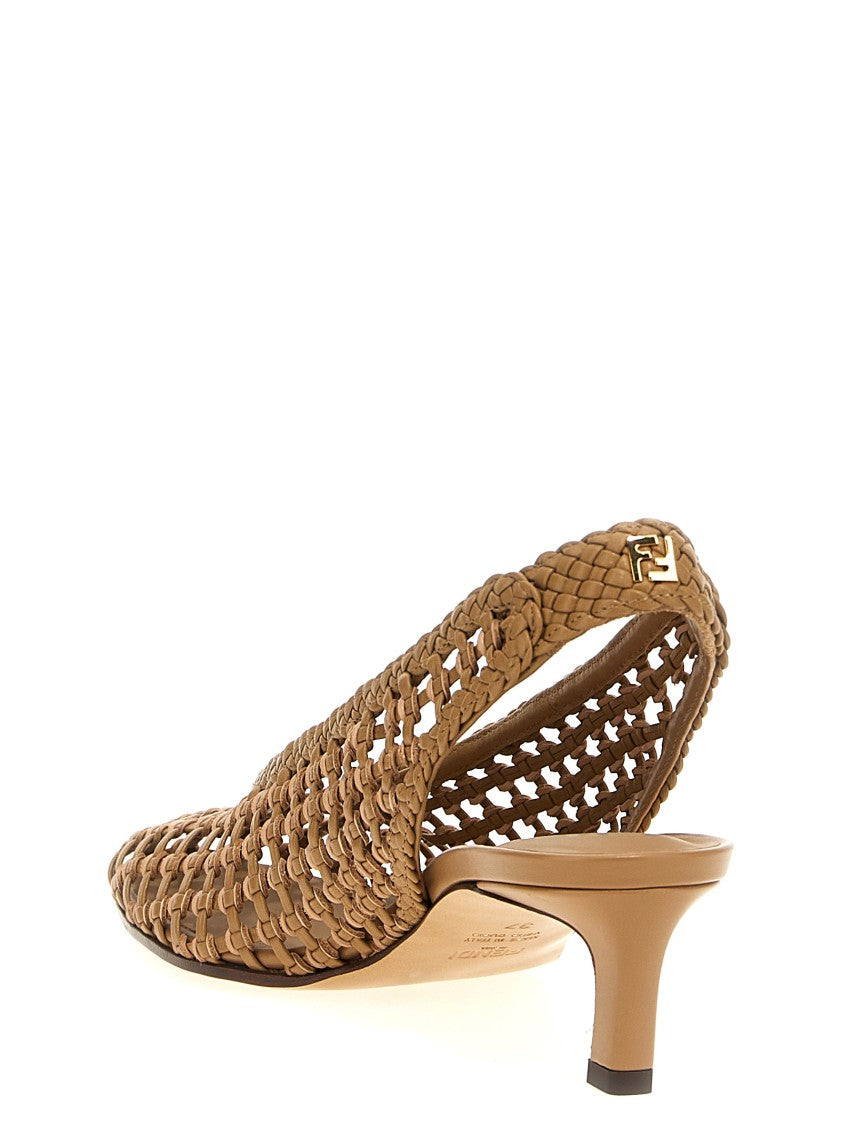 Fendi Hand-Woven Leather Slingback With Metal Logo