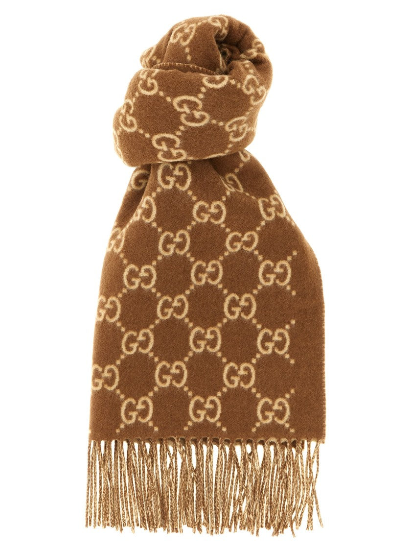 Gucci Interlocking Gg Pattern Cashmere Scarf With Fringed Edges