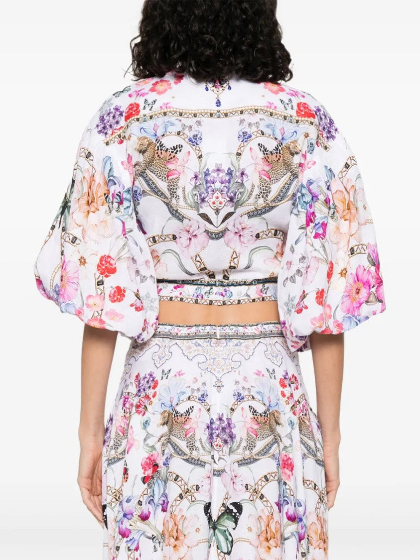 Camilla White V-Neck Crop Top With Knot Detailing And Wide Sleeves