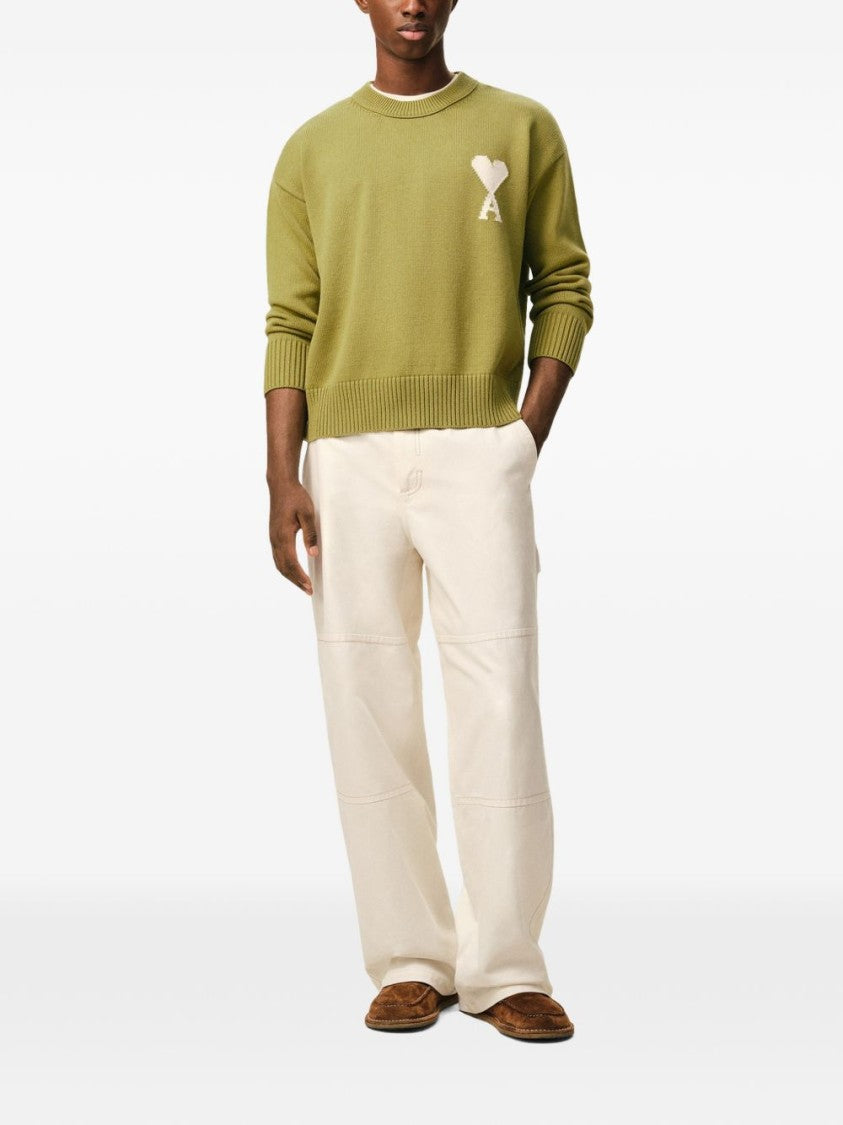 Ami Paris Green Intarsia Logo Wool Sweater