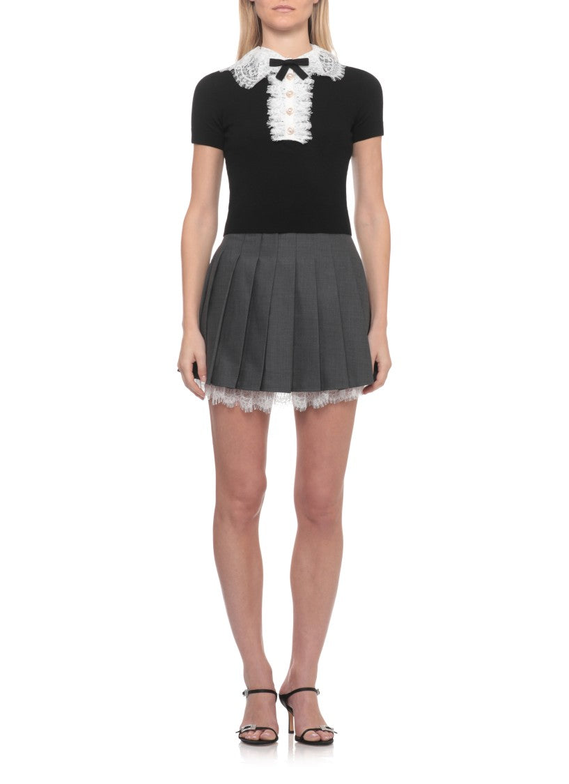 Self-Portrait Black Knit Lace Collar Short-Sleeved Top