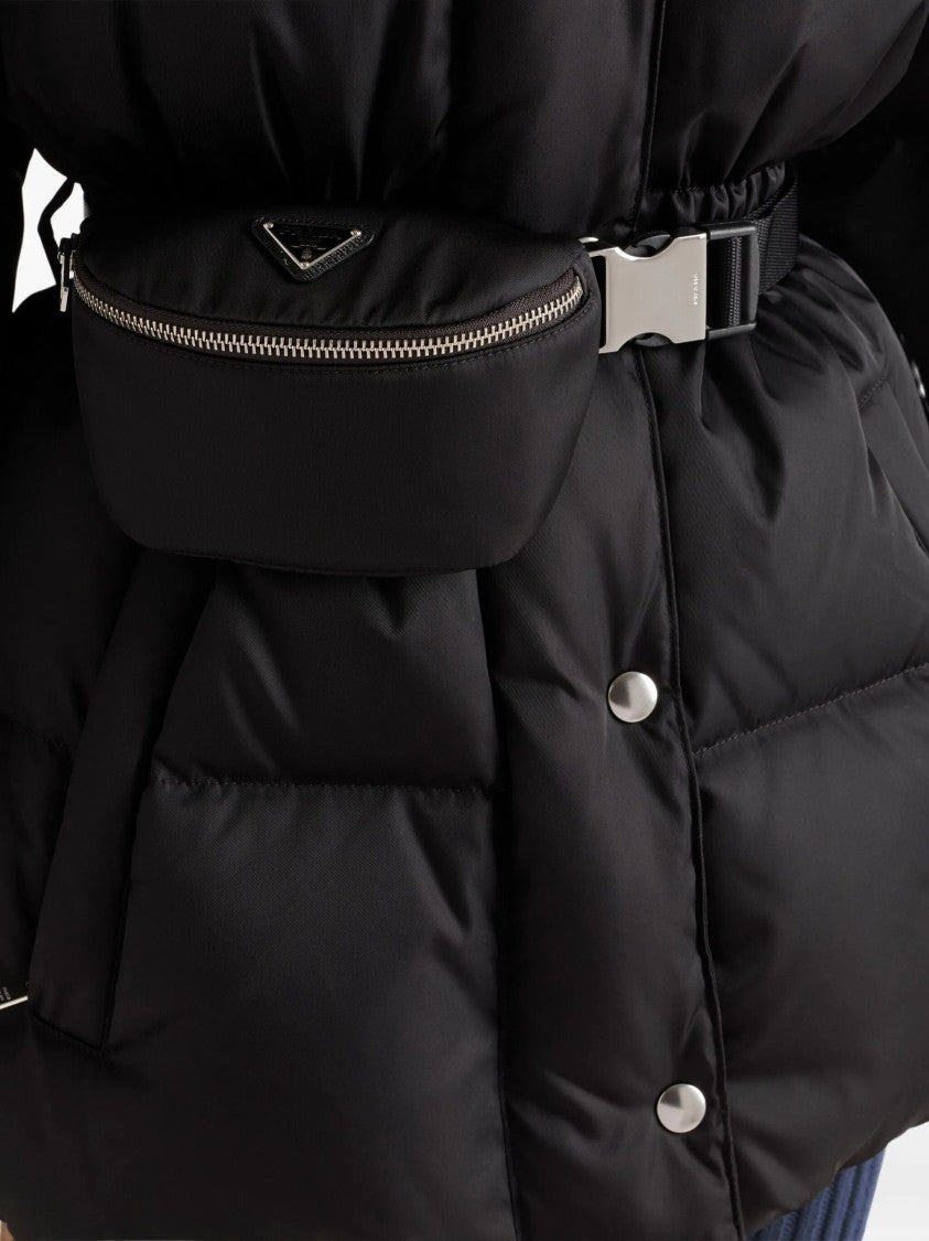 Prada Quilted Black Down Puffer Jacket With Functional Belt And Hood