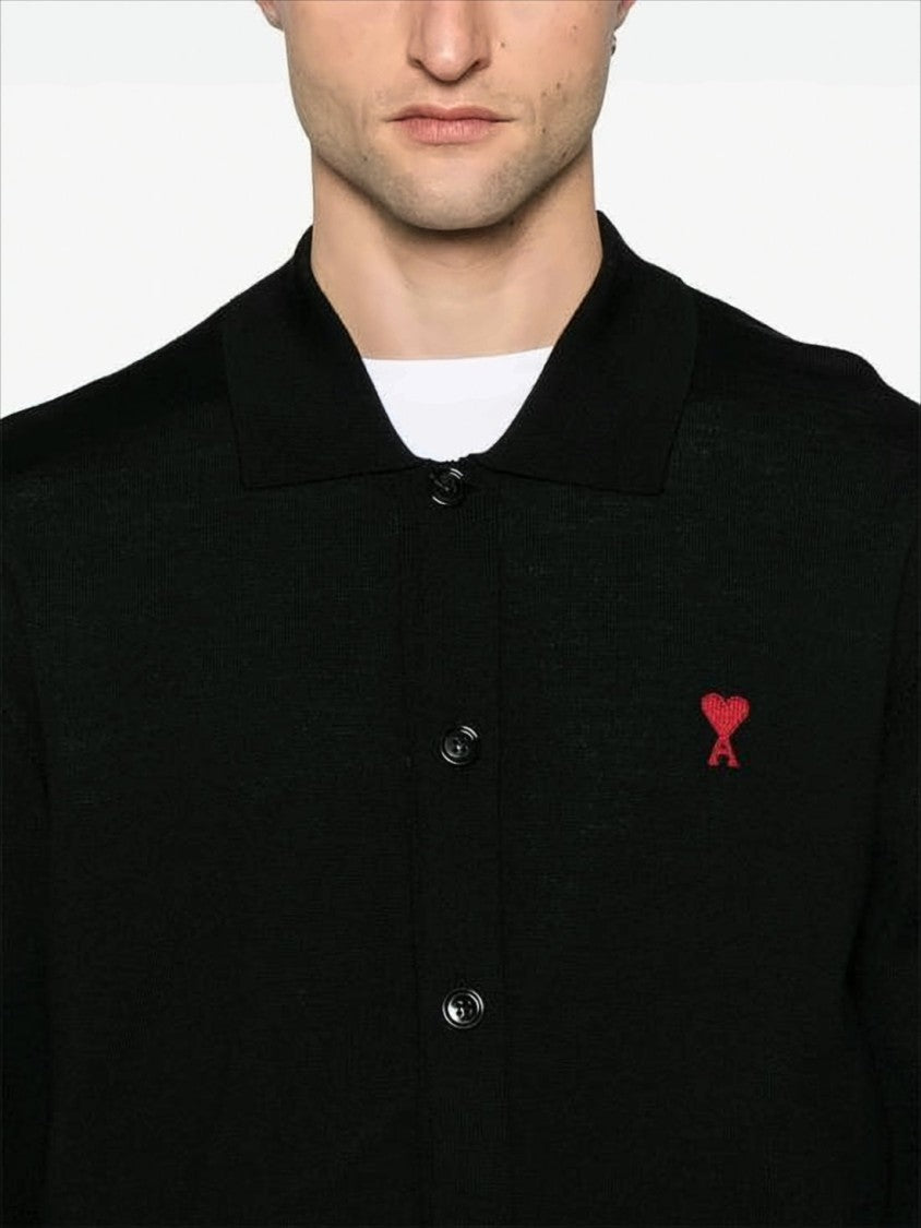 Ami Button-Up Black Wool Cardigan With Classic Collar