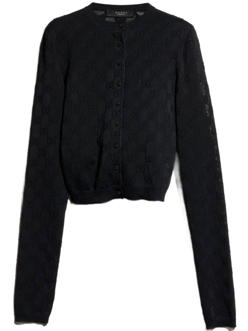 Gucci Cropped Black Cardigan With Textured Fabric And Button Closure