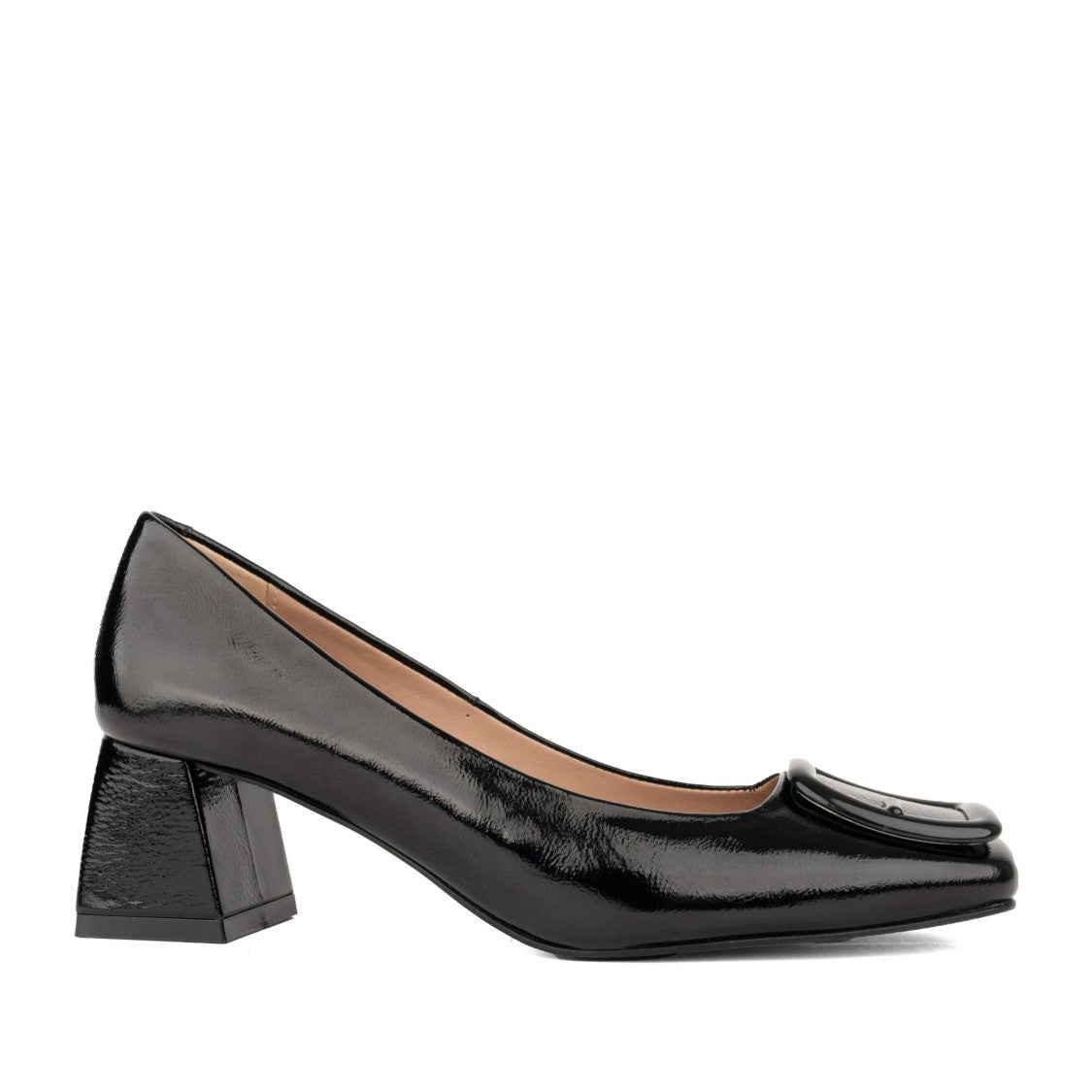 Sergio Moretti Black Glossy Rounded Buckle Detail Leather Dress Pumps