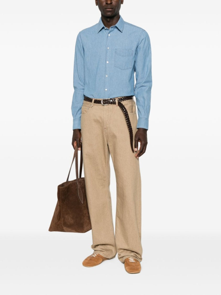 Aspesi Light Blue Denim-Like Button-Down Shirt With Pointed Collar