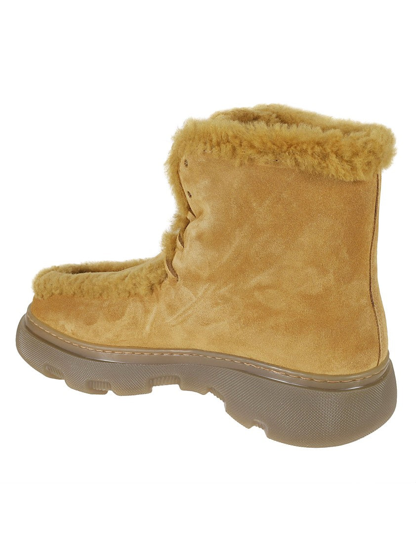Burberry Lace-Up Suede Boots With Shearling Lining