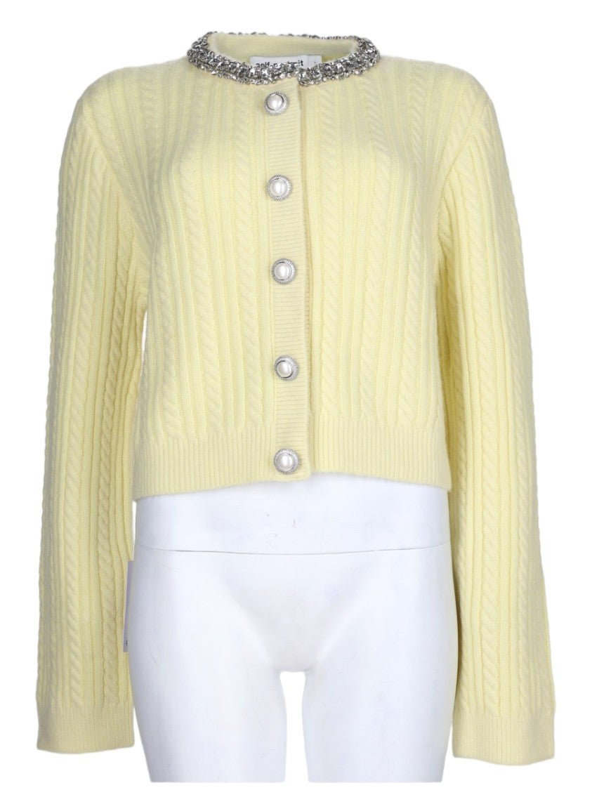 Self-Portrait Cropped Cable Knit Sweater With Decorative Chain Detail