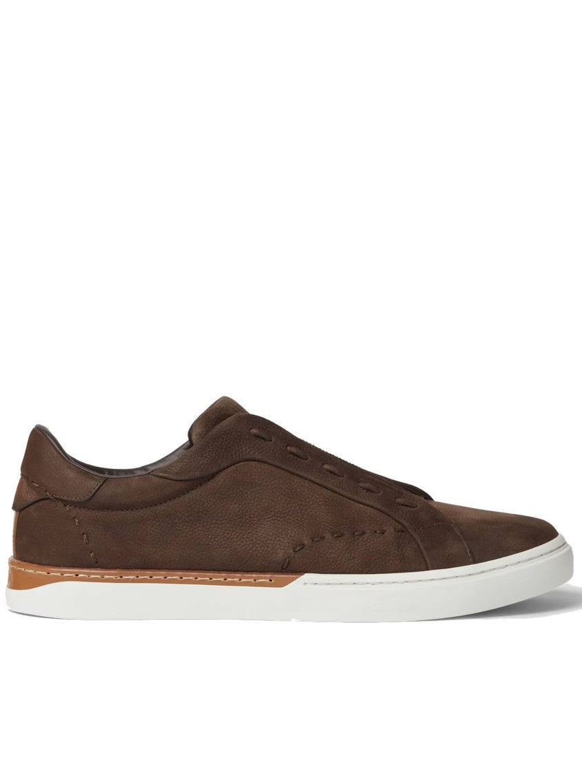 Fendi Low-Top Brown Leather Slip-On Sneaker With Contrasting Tan Accents
