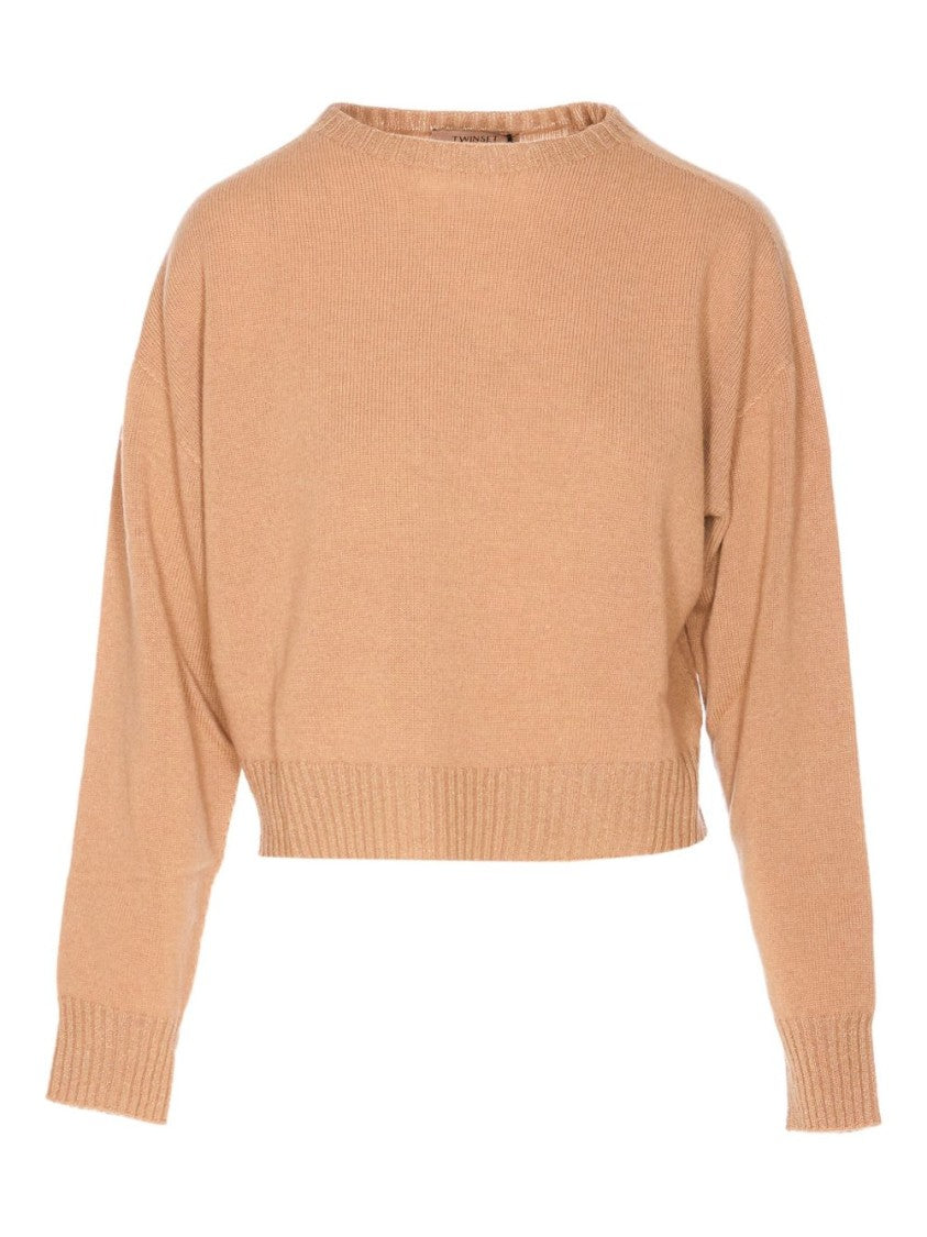 Twin-Set Beige Crew Neck Sweater In Soft Wool-Cashmere Blend