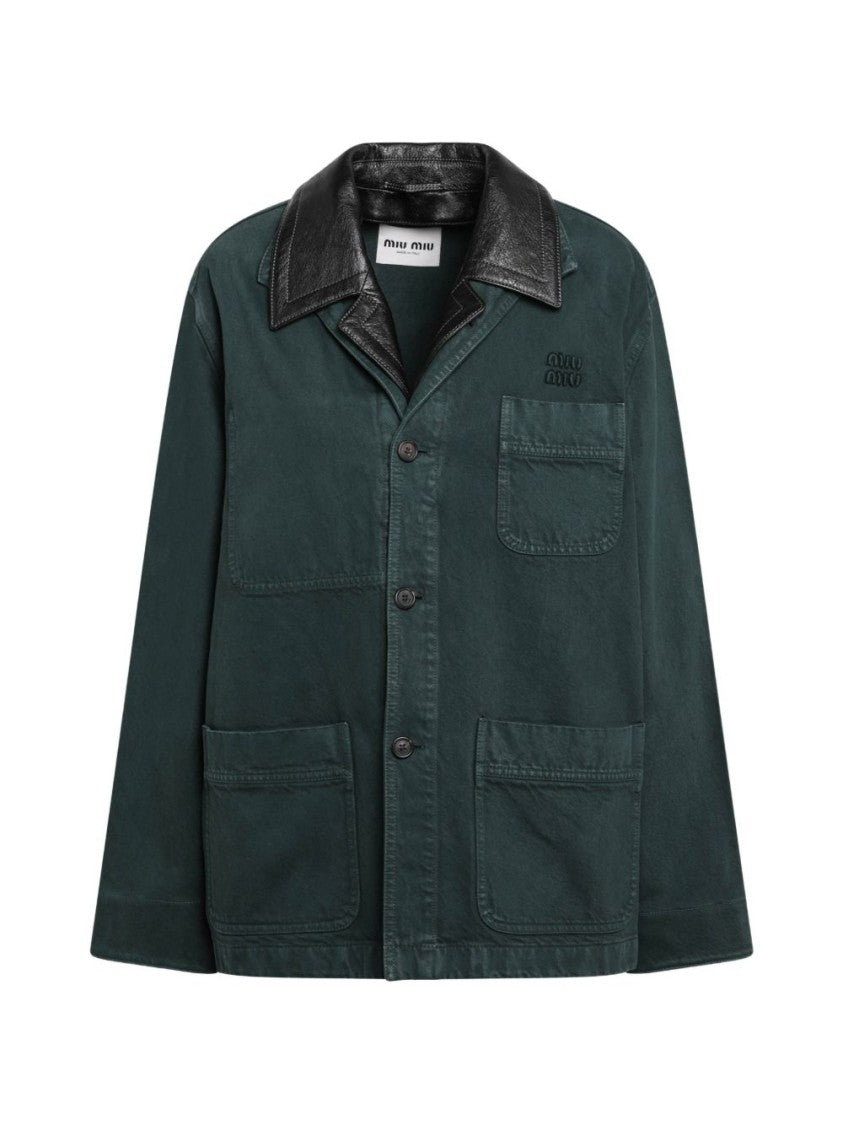 Miu Miu Leather-Collar Logo Embroidered Jacket
