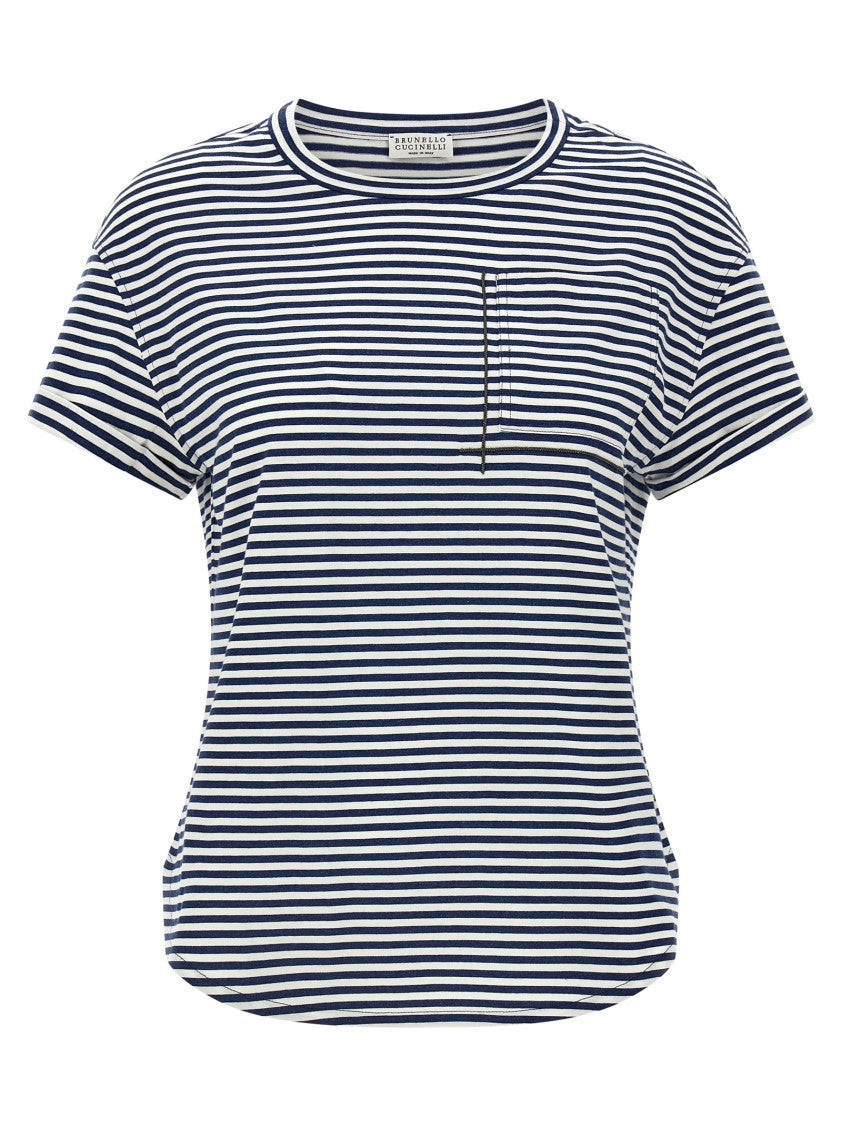Brunello Cucinelli Striped Cotton T-Shirt With Jewel Pocket Detail