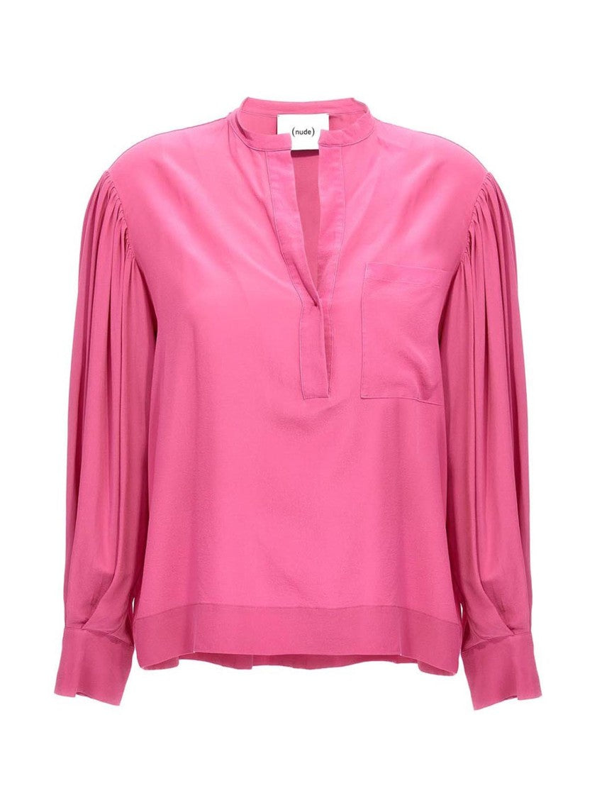 Nude Lustrous Silk Blouse With V-Neck