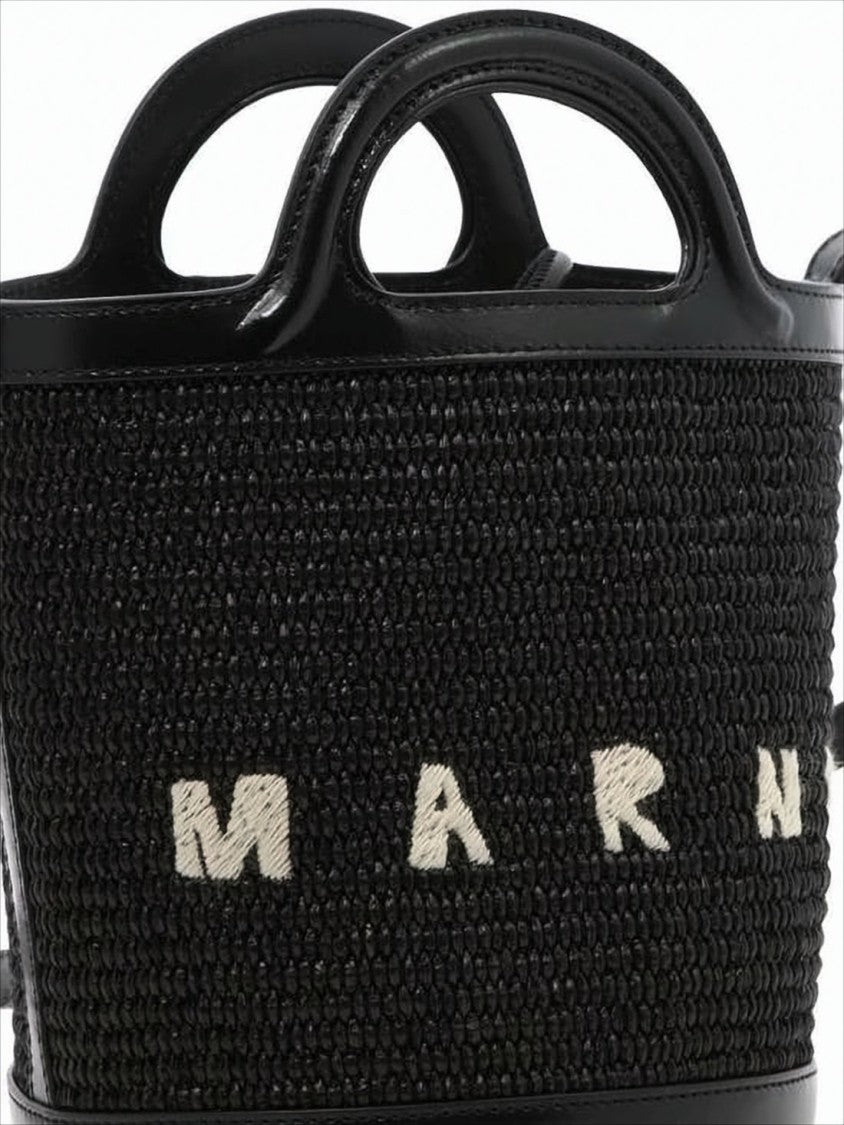 Marni Textured Black Woven Crossbody Bag With Embroidered Detailing