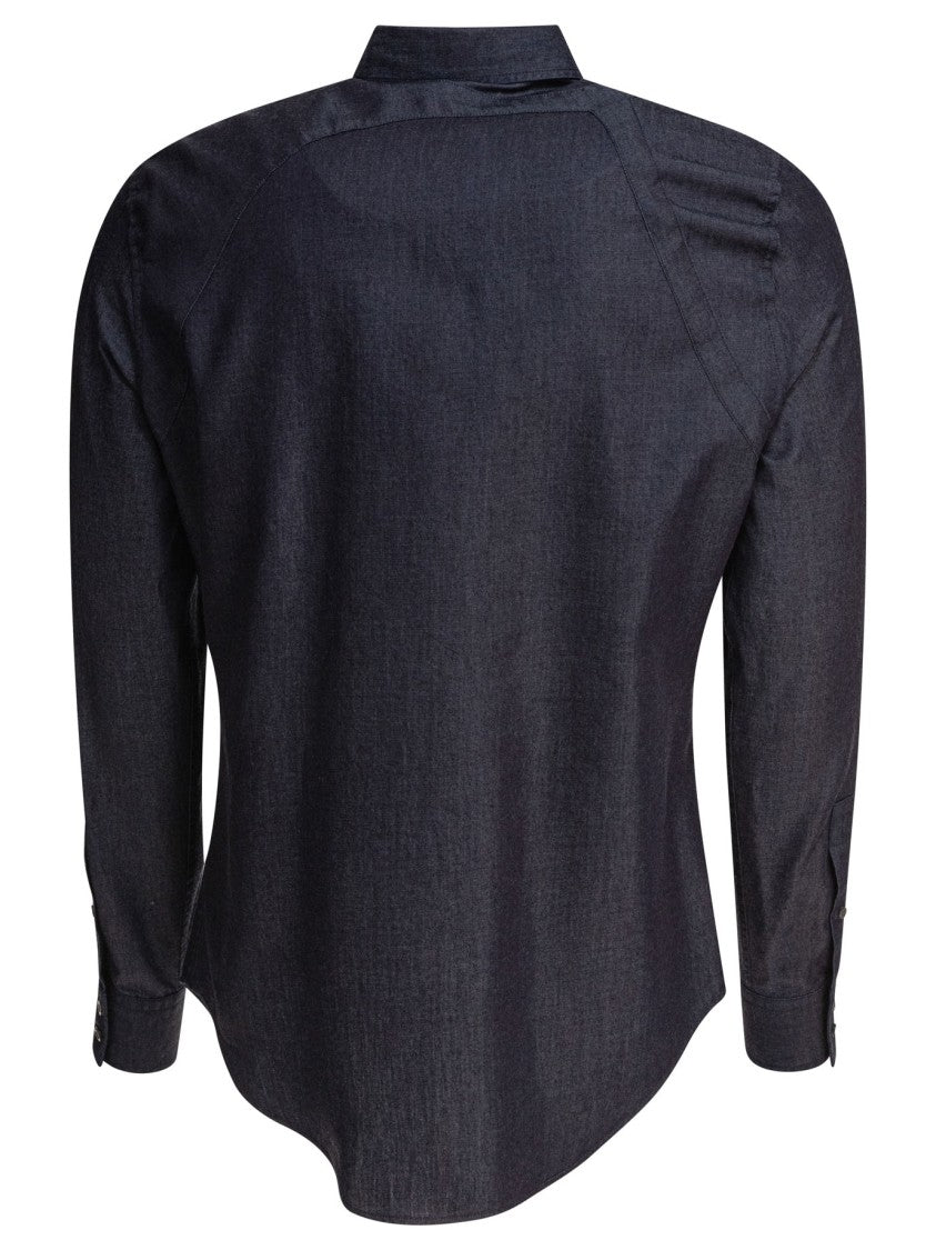 Alexander Mcqueen Deep Blue Cotton-Lyocell Blend Shirt With Unique Strap Detail