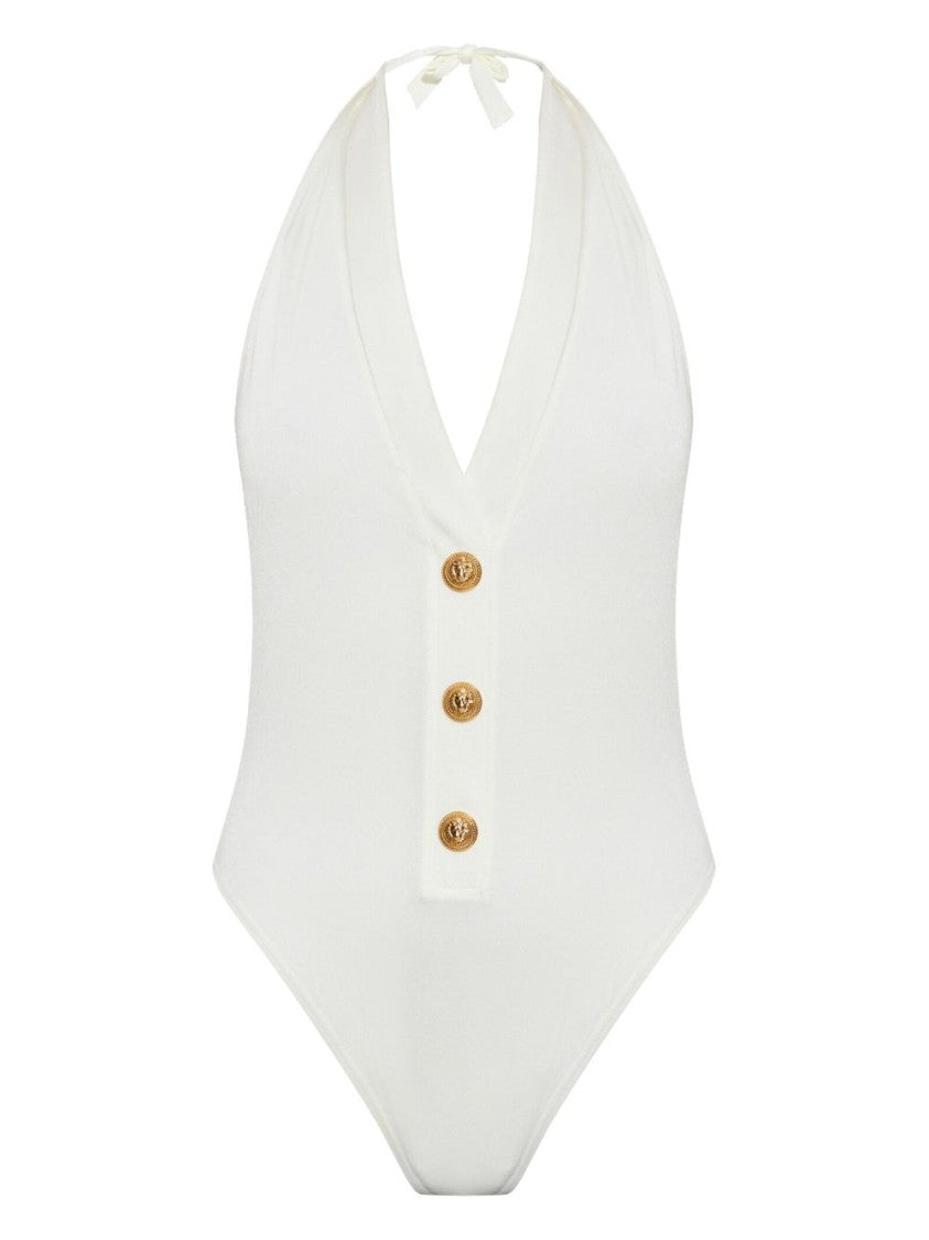 Balmain White One-Piece Swimsuit With Decorative Gold Buttons