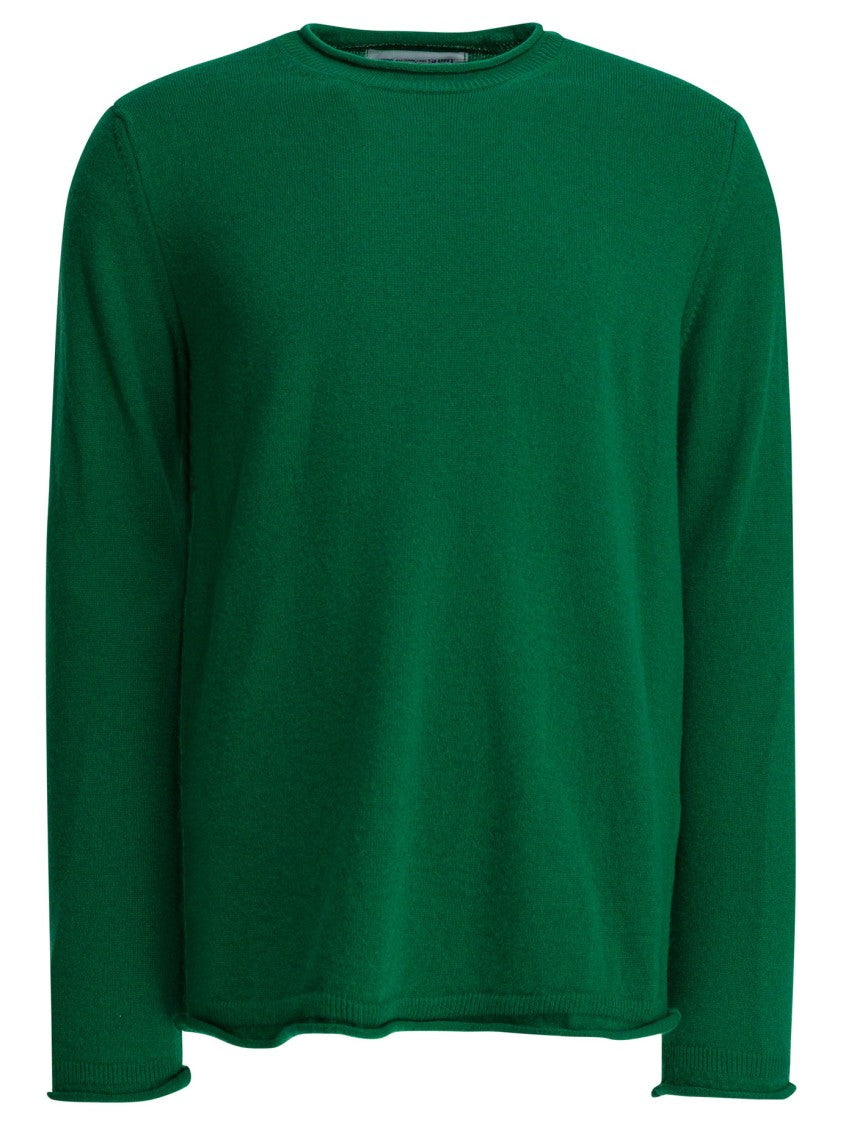 Comme Des Garçons Solid Green Wool Crewneck Sweater With Ribbed Edges