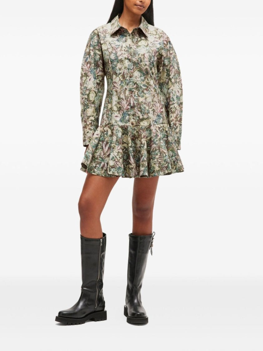 Ganni Green Floral Mini Dress With Ruffled Hem