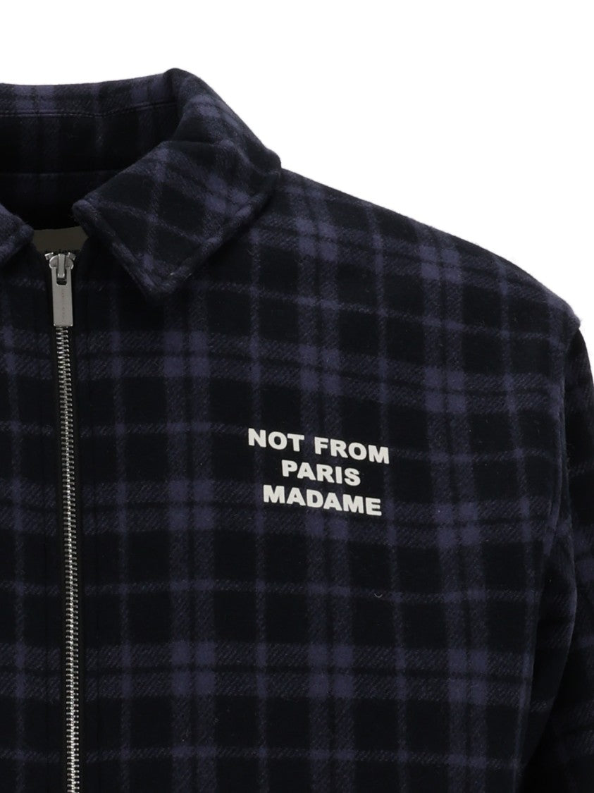 Drôle De Monsieur Navy Check Flannel Slogan Casual Jacket