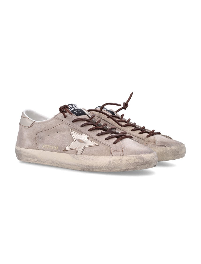 Golden Goose Distressed Beige Suede Sneakers With Metallic Silver Star Detail