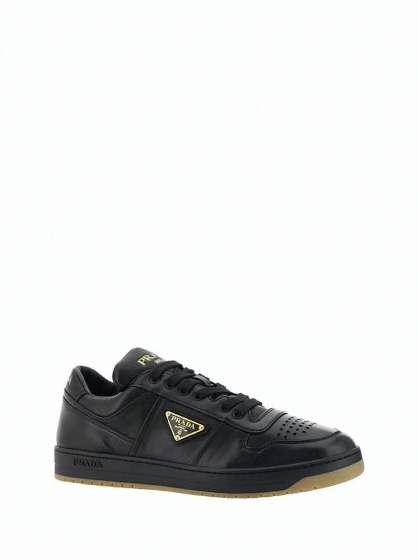 Prada Low-Top Black Leather Sneakers With Perforated Detailing