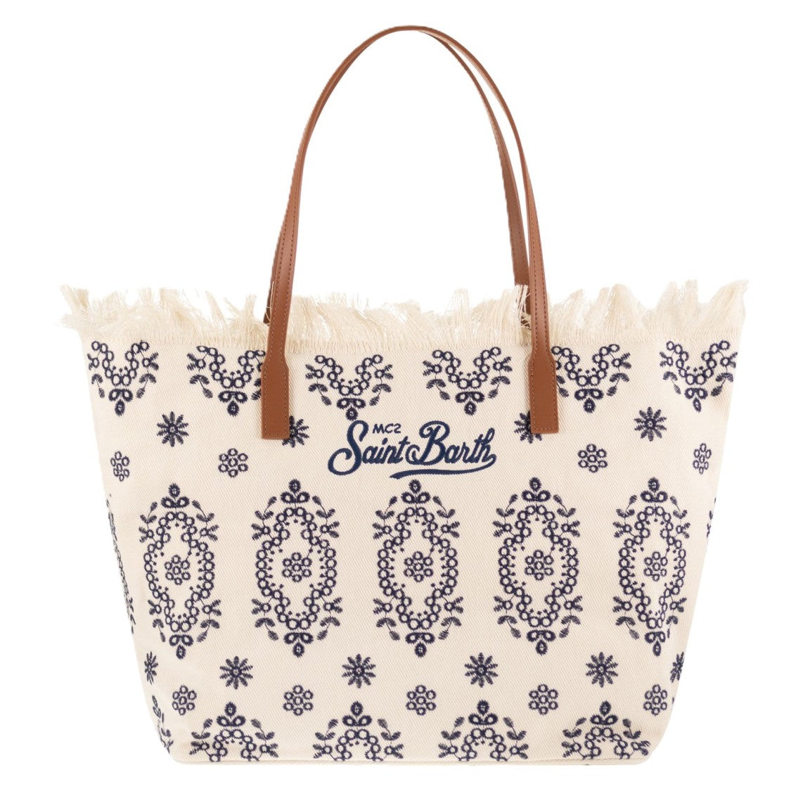 Mc2 Saint Barth Spacious Cream Tote Bag With Navy Embroidery
