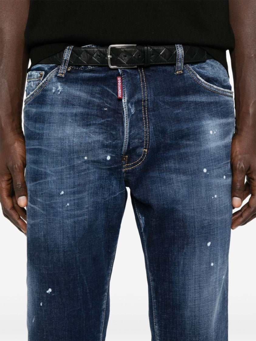 Dsquared2 Slim Fit Distressed Blue Denim Jeans With Paint Splatters