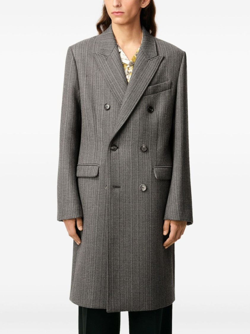 Ami Paris Double-Breasted Herringbone Wool Coat With Peak Lapels