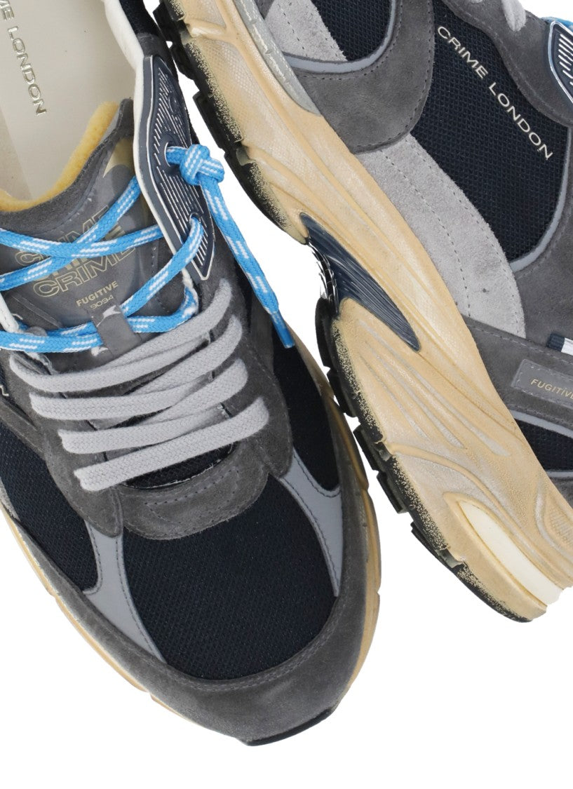 Crime London Blue Fugitive 9094 Leather Mesh Used-Effect Sneakers
