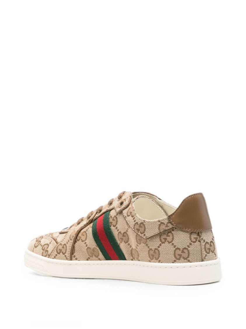 Gucci Beige Monogram Canvas Web Stripe Low-Top Sneakers