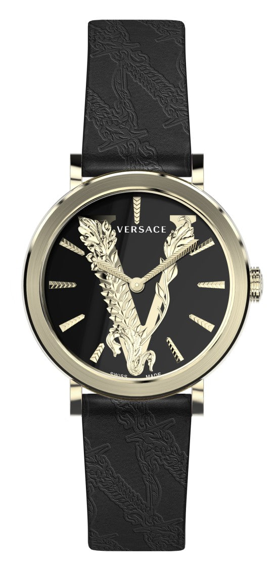 Versace 36Mm Versace Virtus Watch With Gold Case And Black Leather Strap