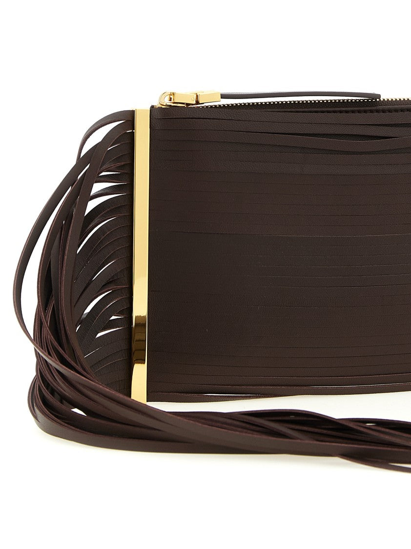 Elisabetta Franchi Fringed Leather Clutch With Chain Strap And Gold Accents