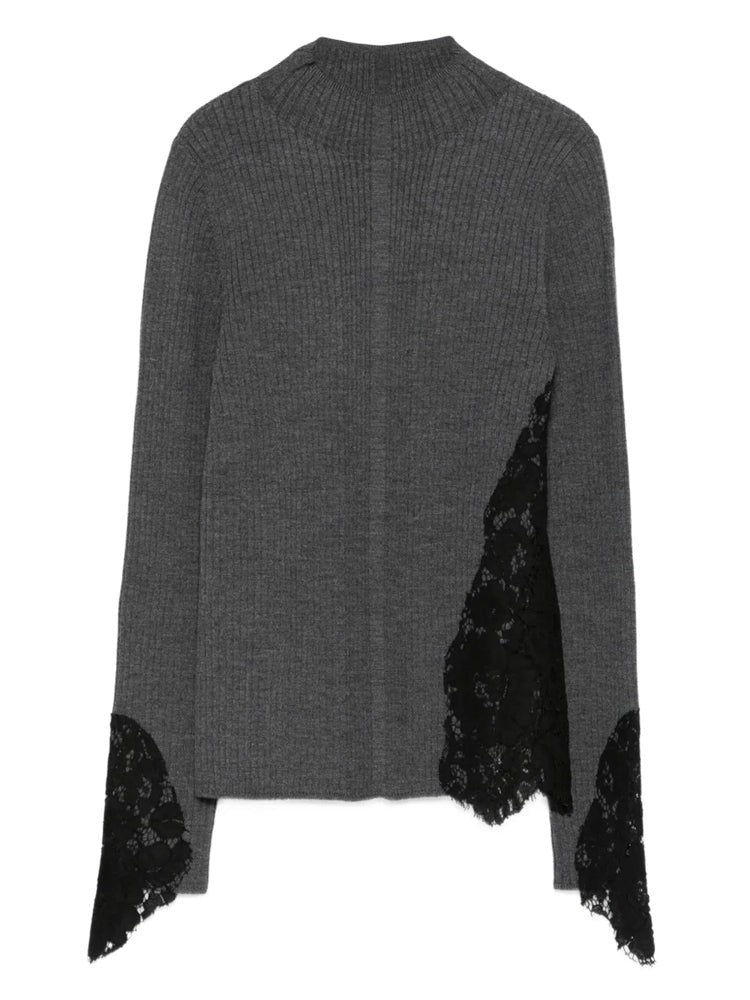 Pinko Ribbed Knit Grey Sweater With Black Lace Inserts