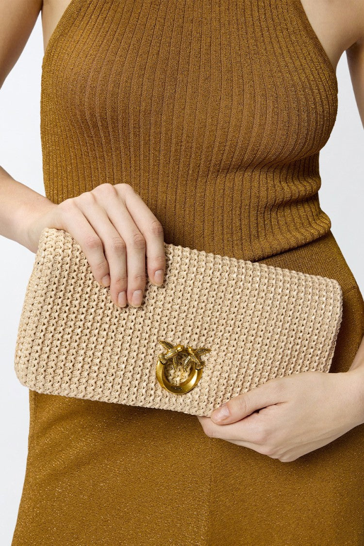 Pinko Beige Love Raffia-Effect Woven Polypropylene Clutch