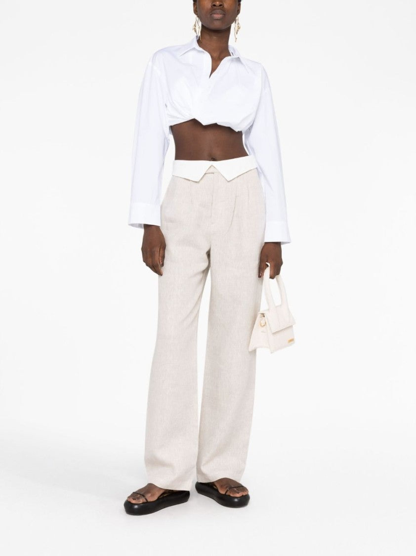 Jacquemus Cropped Off-White Stretch Cotton Shirt With Classic Collar And Fitted Silhouette