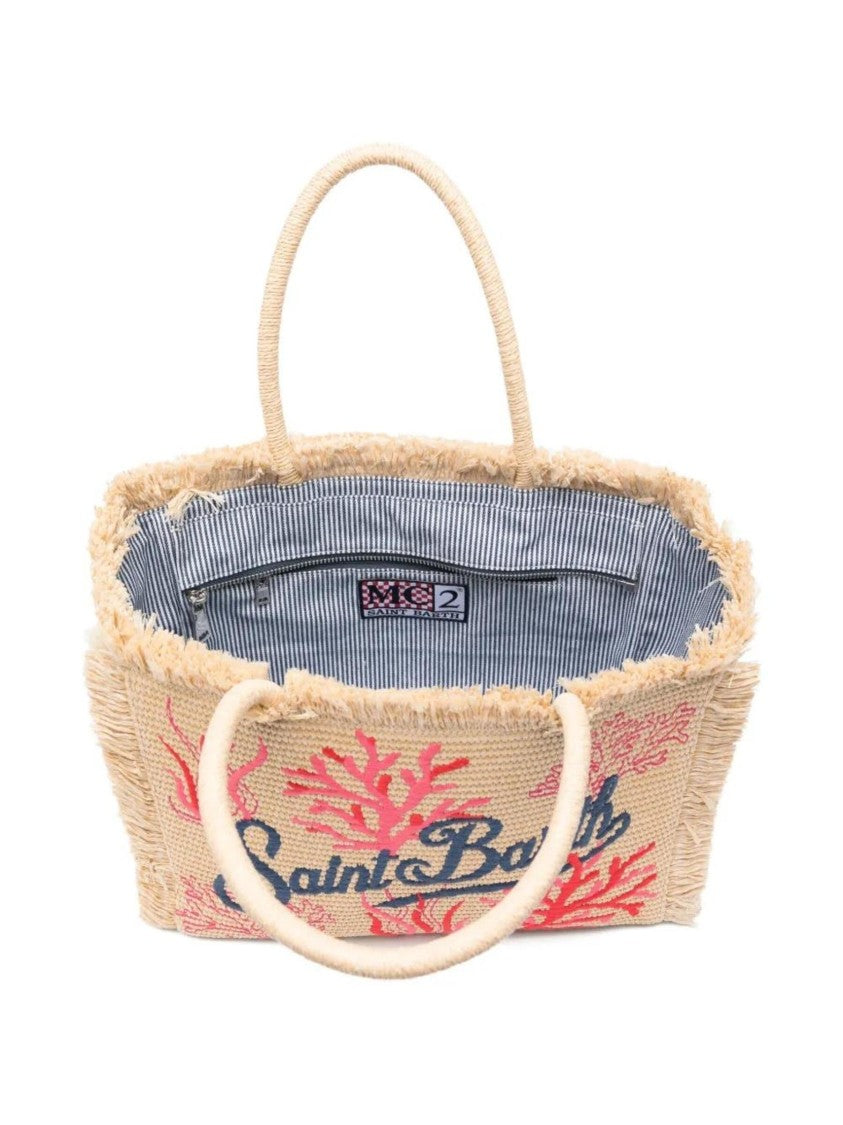 Mc2 Saint Barth Rectangular Woven Tote Bag With Fringed Edges